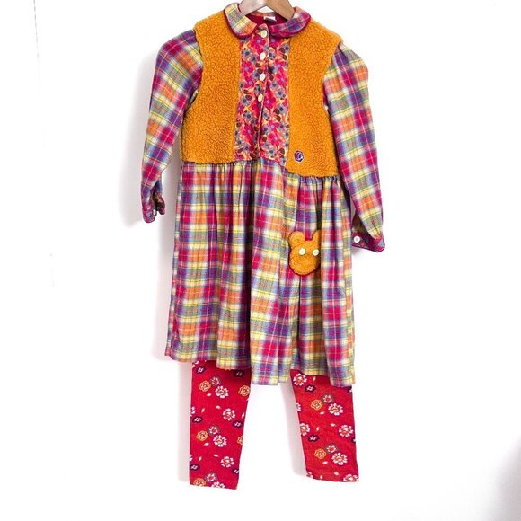 Cakewalk by OILILY Sz 8-10 Colorful Flannel and Fleece vest dress with leggings - Picture 2 of 16